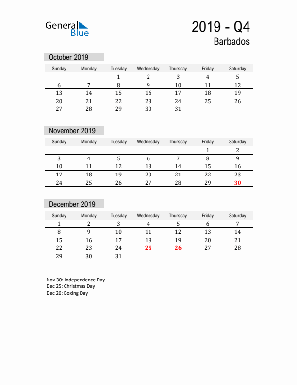 Barbados Quarter 4 2019 Calendar with Holidays