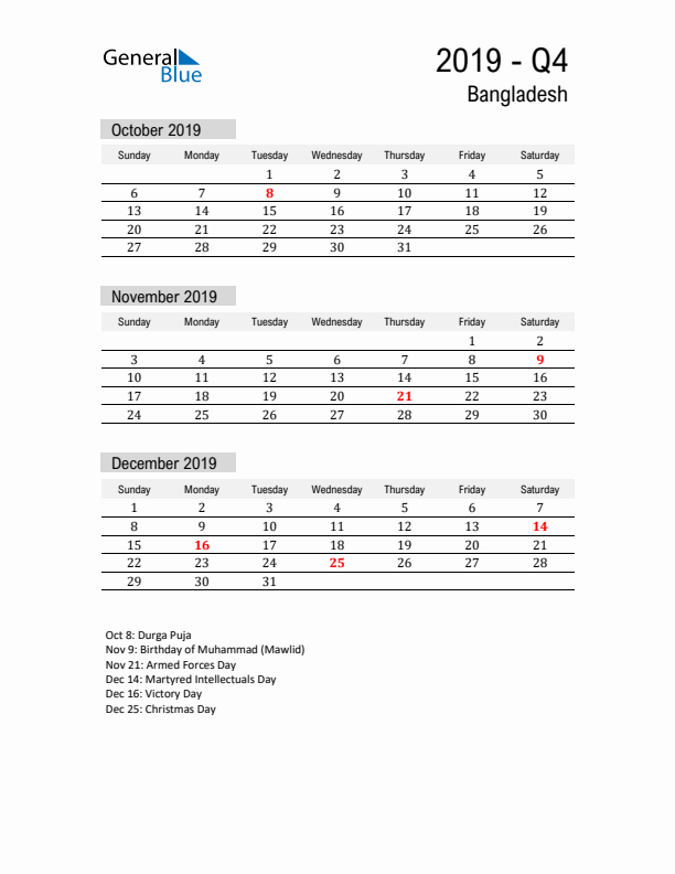 Bangladesh Quarter 4 2019 Calendar with Holidays