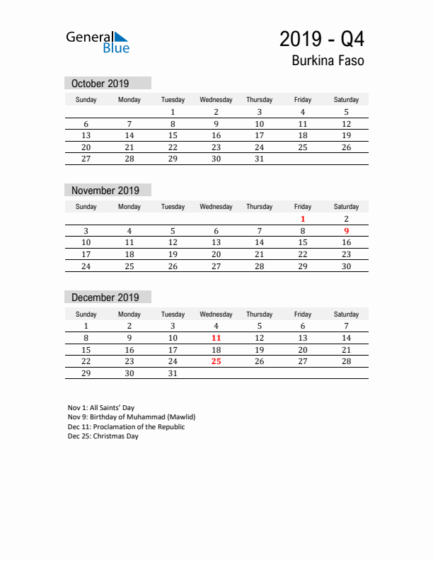 Burkina Faso Quarter 4 2019 Calendar with Holidays