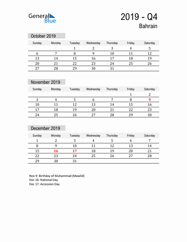 Bahrain Quarter 4 2019 Calendar with Holidays