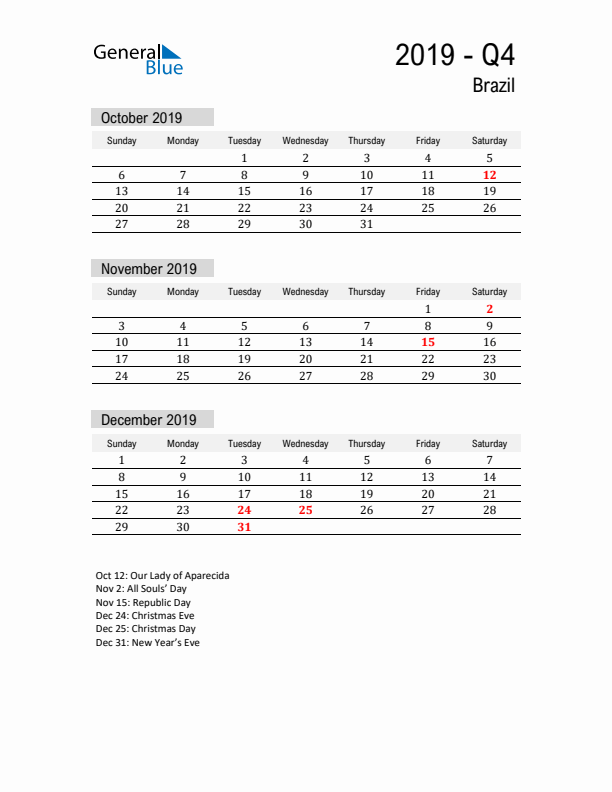 Brazil Quarter 4 2019 Calendar with Holidays