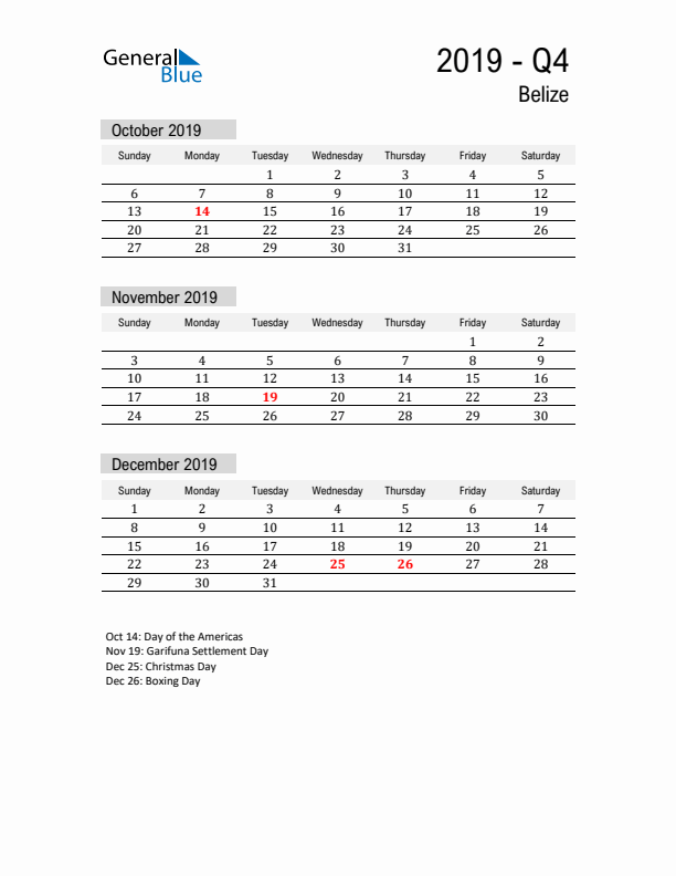 Belize Quarter 4 2019 Calendar with Holidays