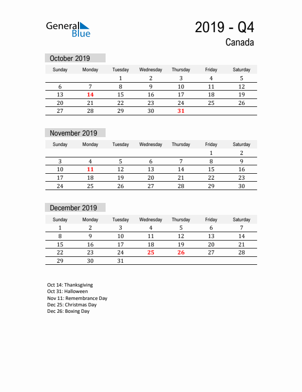 Canada Quarter 4 2019 Calendar with Holidays