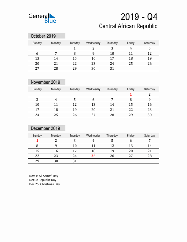 Central African Republic Quarter 4 2019 Calendar with Holidays