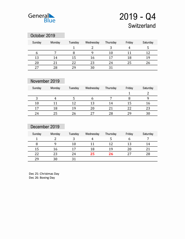 Switzerland Quarter 4 2019 Calendar with Holidays