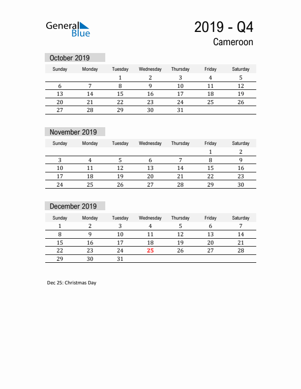 Cameroon Quarter 4 2019 Calendar with Holidays