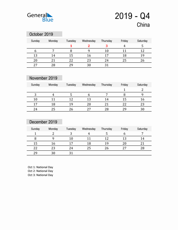 China Quarter 4 2019 Calendar with Holidays