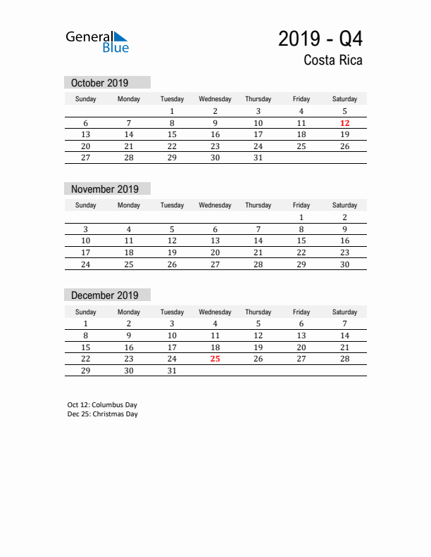 Costa Rica Quarter 4 2019 Calendar with Holidays