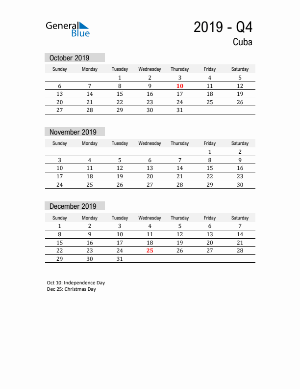 Cuba Quarter 4 2019 Calendar with Holidays