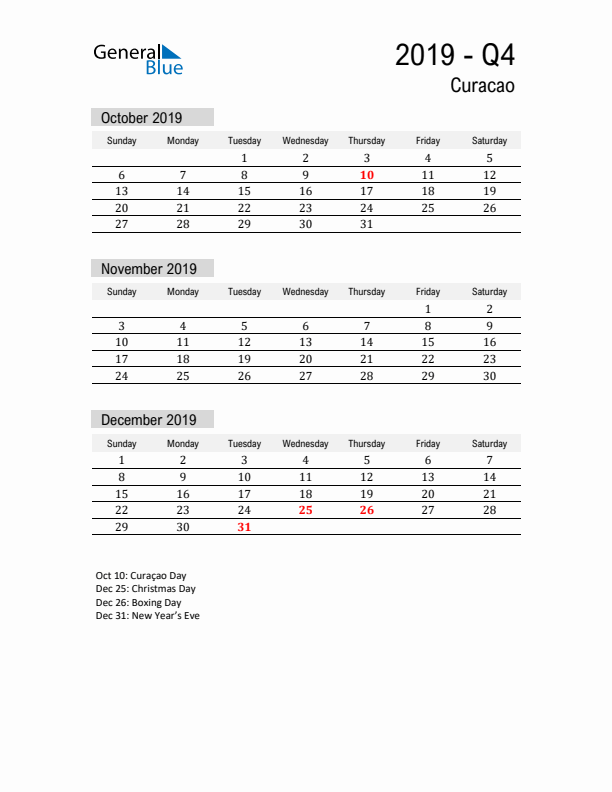 Curacao Quarter 4 2019 Calendar with Holidays