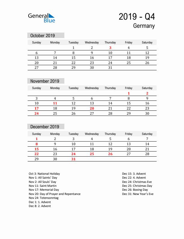 Germany Quarter 4 2019 Calendar with Holidays