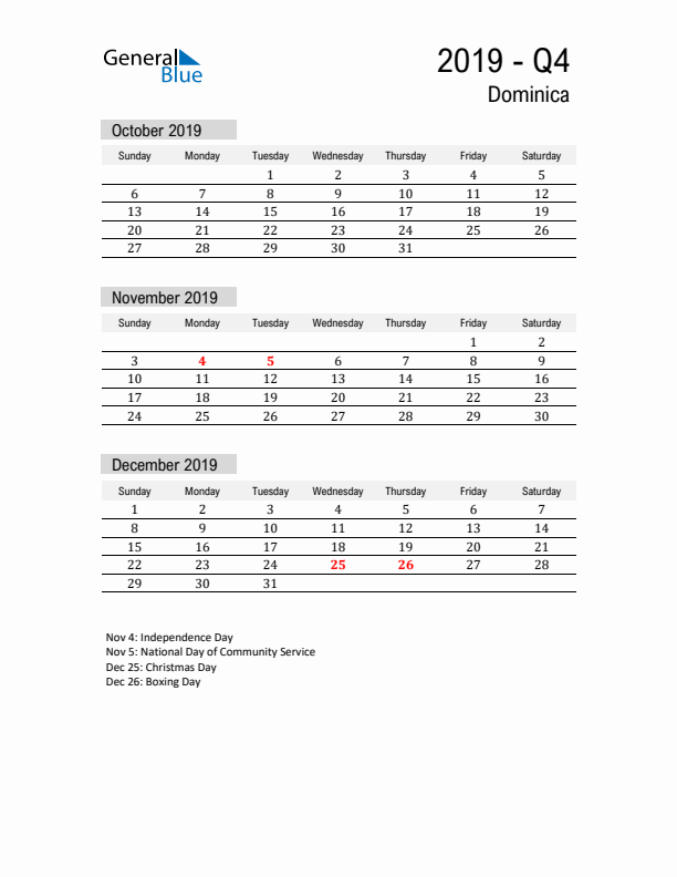 Dominica Quarter 4 2019 Calendar with Holidays