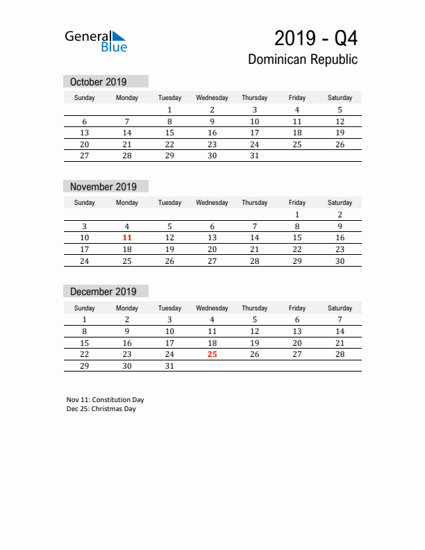 Dominican Republic Quarter 4 2019 Calendar with Holidays