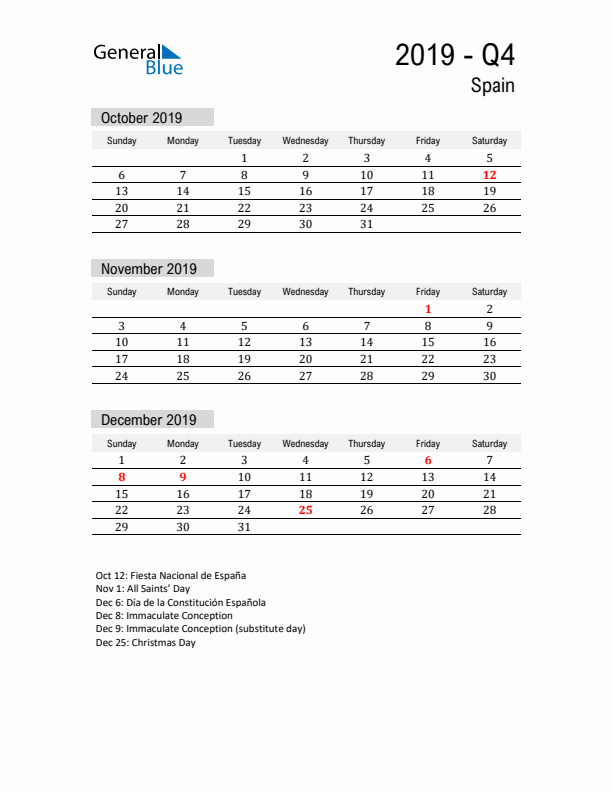 Spain Quarter 4 2019 Calendar with Holidays