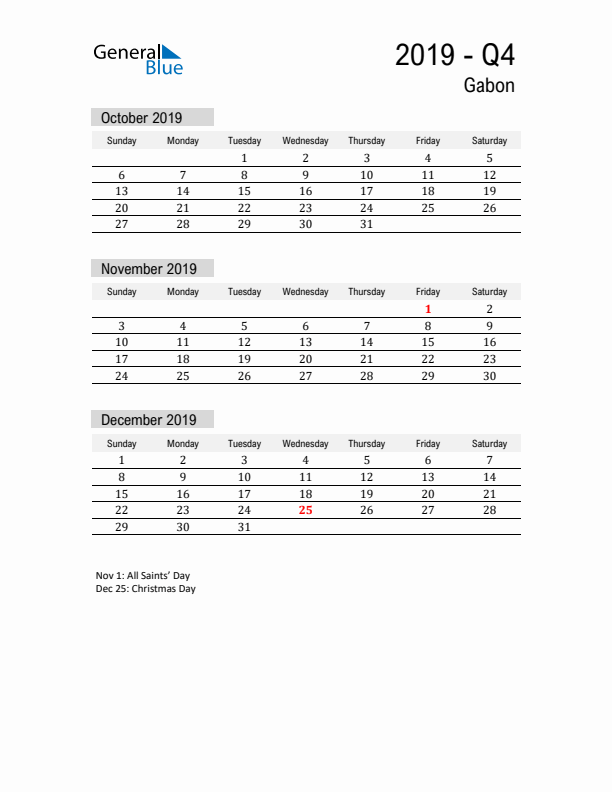 Gabon Quarter 4 2019 Calendar with Holidays