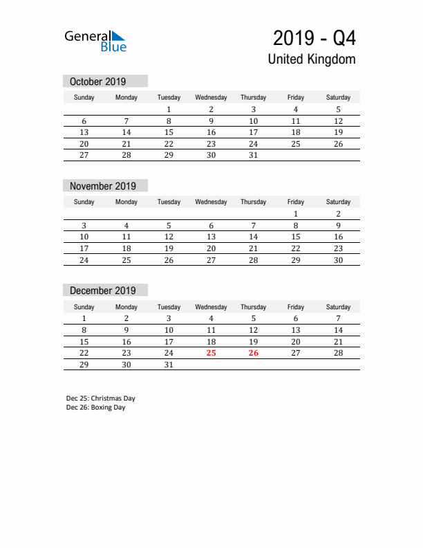 United Kingdom Quarter 4 2019 Calendar with Holidays