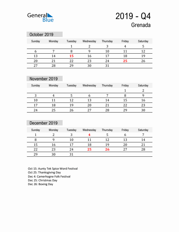 Grenada Quarter 4 2019 Calendar with Holidays