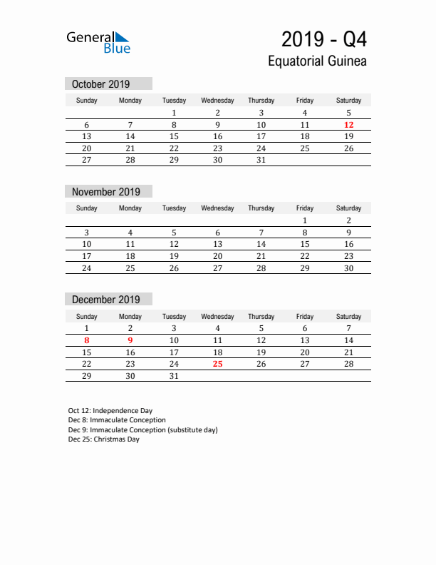 Equatorial Guinea Quarter 4 2019 Calendar with Holidays