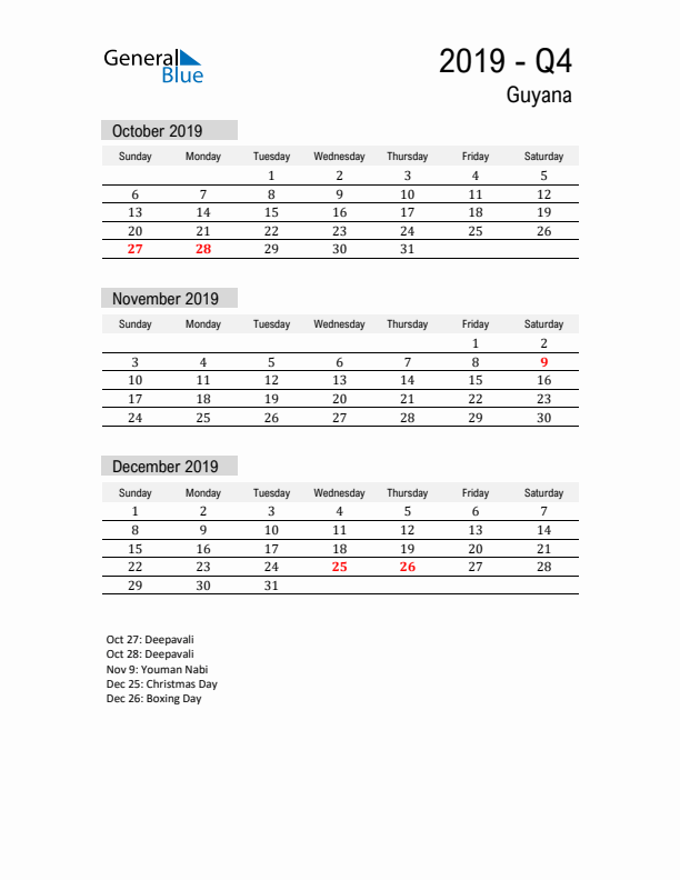 Guyana Quarter 4 2019 Calendar with Holidays