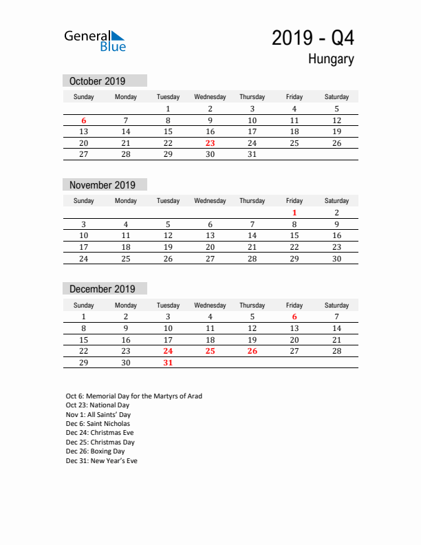 Hungary Quarter 4 2019 Calendar with Holidays