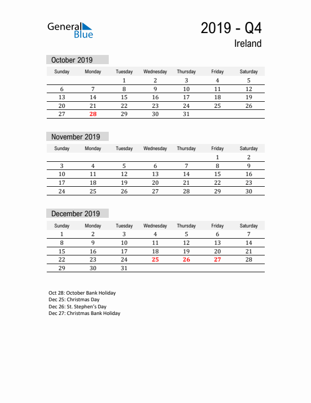 Ireland Quarter 4 2019 Calendar with Holidays