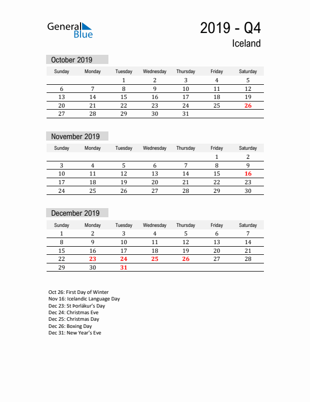 Iceland Quarter 4 2019 Calendar with Holidays