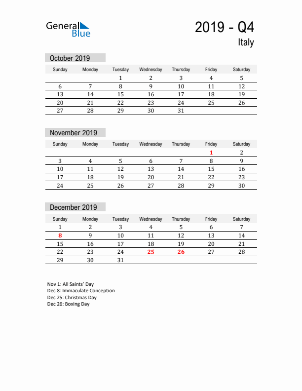 Italy Quarter 4 2019 Calendar with Holidays