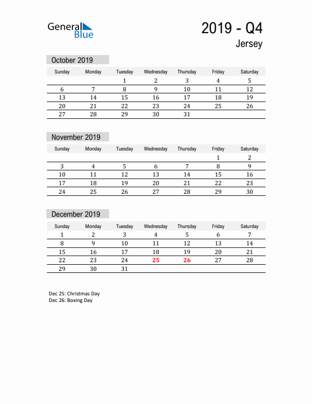 Jersey Quarter 4 2019 Calendar with Holidays