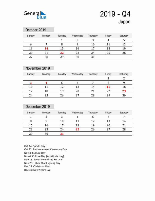 Japan Quarter 4 2019 Calendar with Holidays