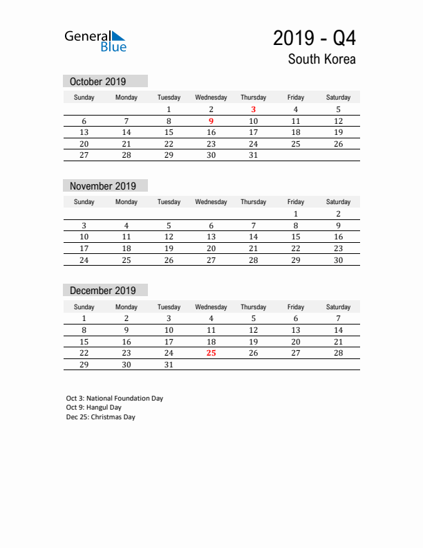 South Korea Quarter 4 2019 Calendar with Holidays