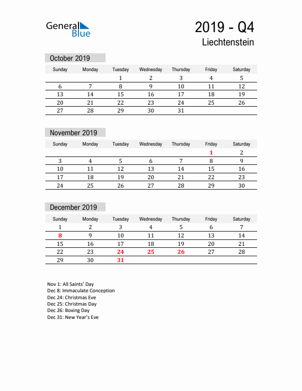 Liechtenstein Quarter 4 2019 Calendar with Holidays