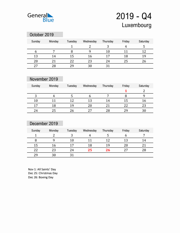 Luxembourg Quarter 4 2019 Calendar with Holidays