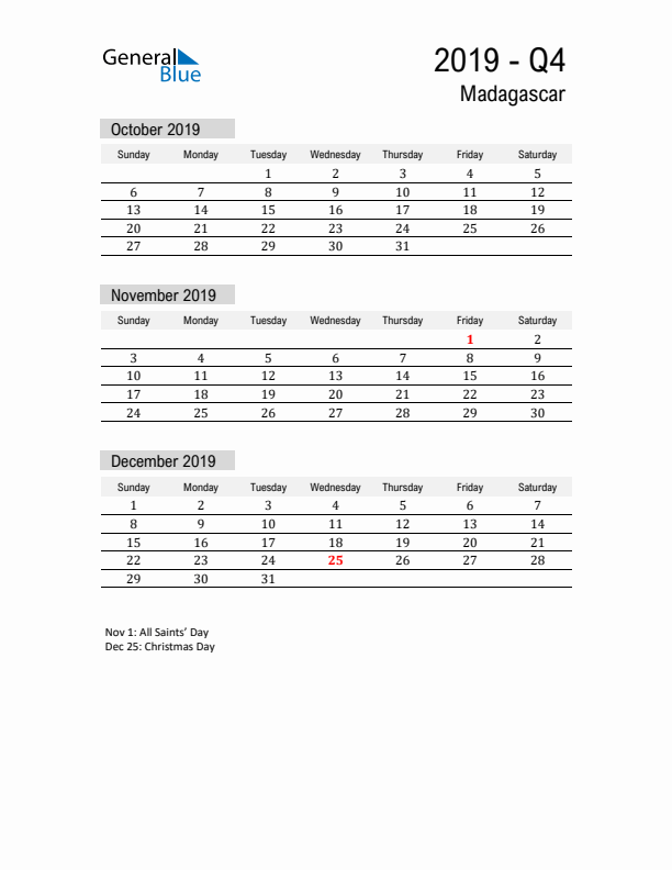 Madagascar Quarter 4 2019 Calendar with Holidays