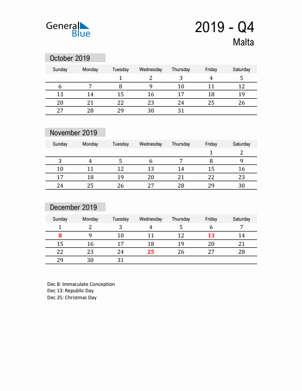 Malta Quarter 4 2019 Calendar with Holidays