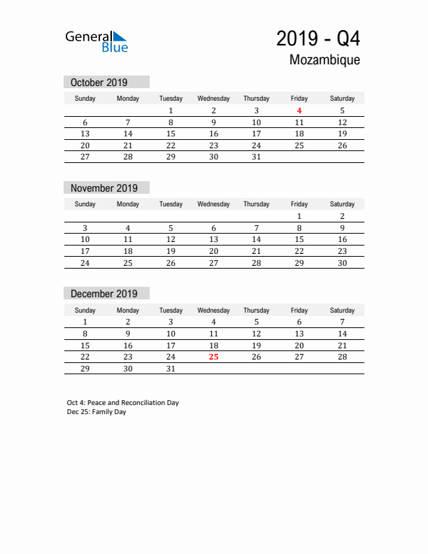 Mozambique Quarter 4 2019 Calendar with Holidays