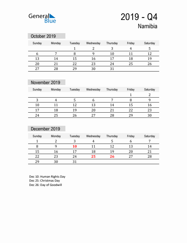 Namibia Quarter 4 2019 Calendar with Holidays