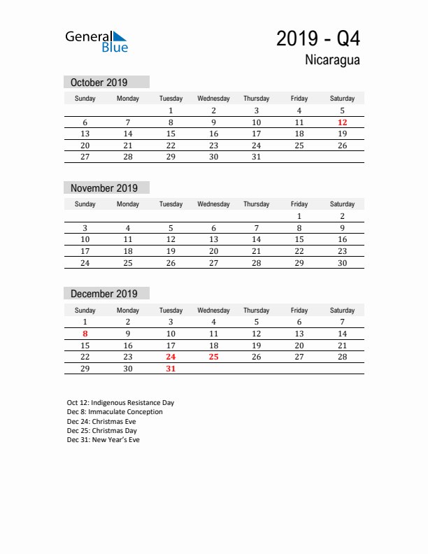 Nicaragua Quarter 4 2019 Calendar with Holidays