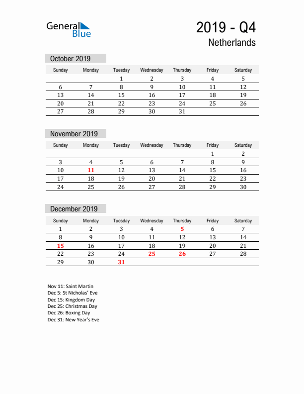 The Netherlands Quarter 4 2019 Calendar with Holidays