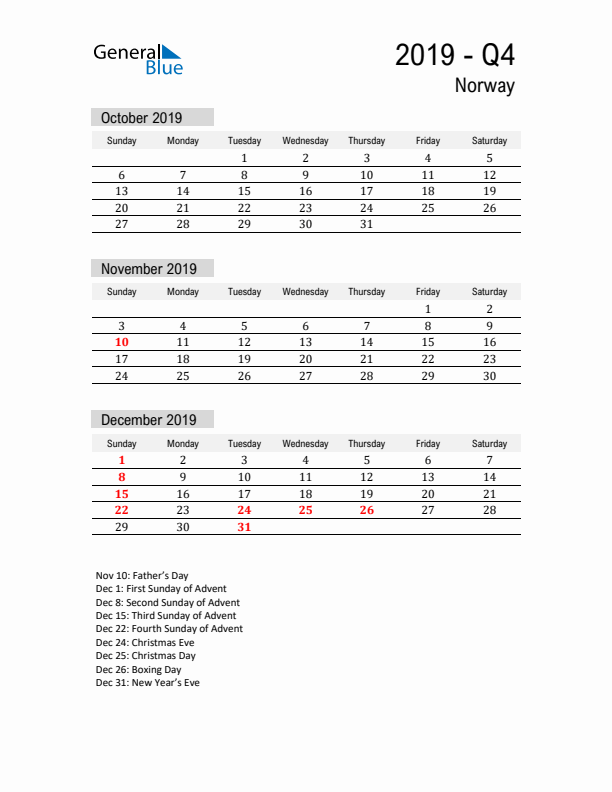 Norway Quarter 4 2019 Calendar with Holidays