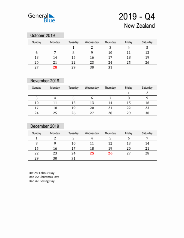 New Zealand Quarter 4 2019 Calendar with Holidays