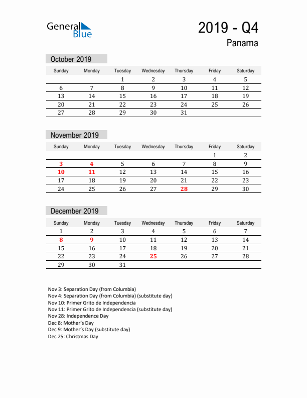 Panama Quarter 4 2019 Calendar with Holidays