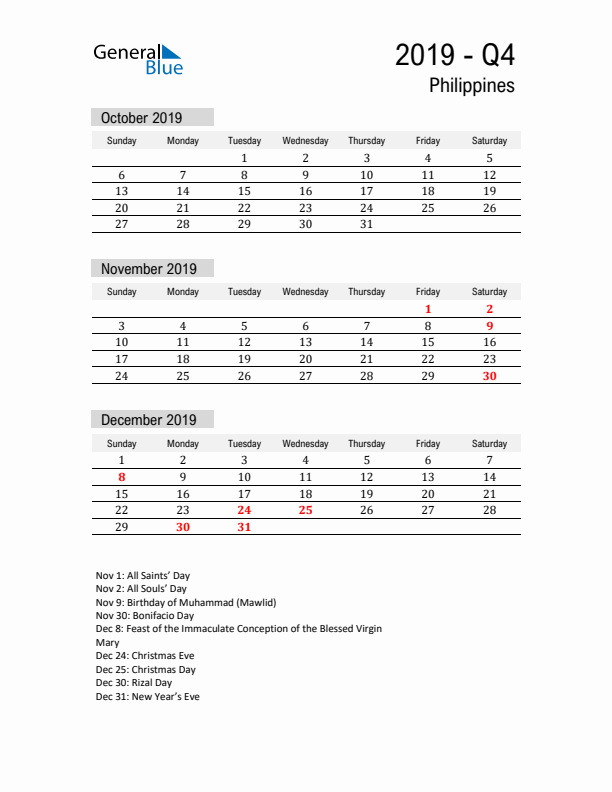 Philippines Quarter 4 2019 Calendar with Holidays