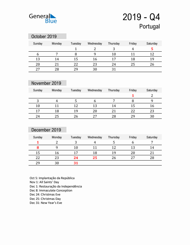 Portugal Quarter 4 2019 Calendar with Holidays