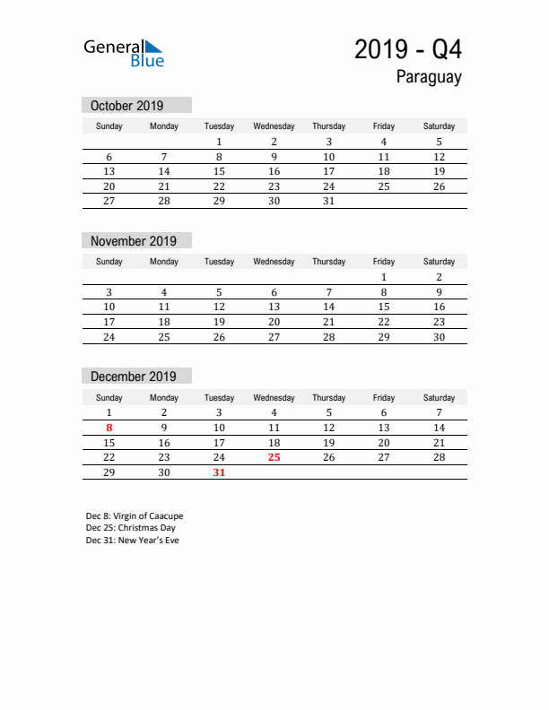 Paraguay Quarter 4 2019 Calendar with Holidays