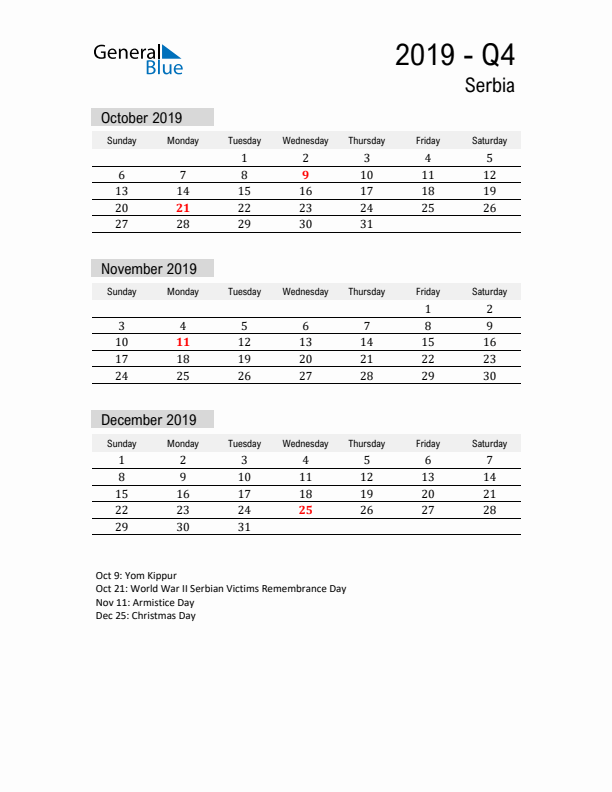 Serbia Quarter 4 2019 Calendar with Holidays