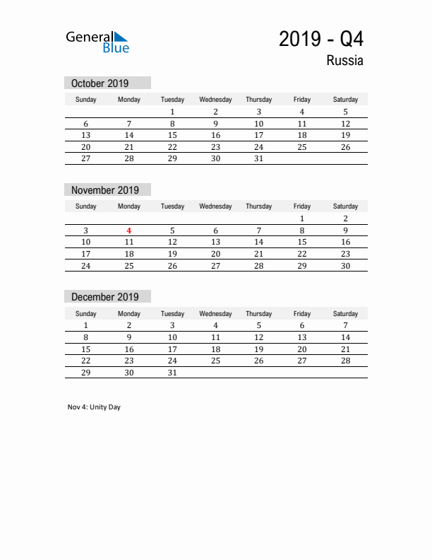 Russia Quarter 4 2019 Calendar with Holidays