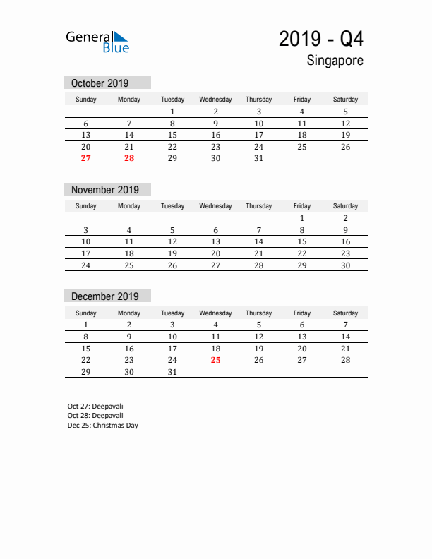 Singapore Quarter 4 2019 Calendar with Holidays