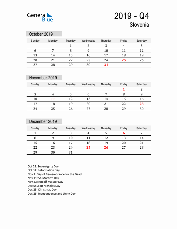 Slovenia Quarter 4 2019 Calendar with Holidays