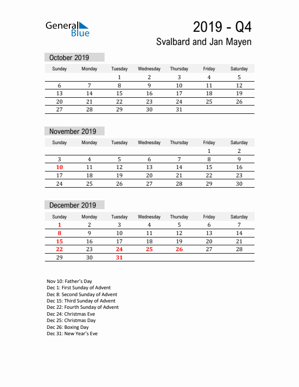 Svalbard and Jan Mayen Quarter 4 2019 Calendar with Holidays