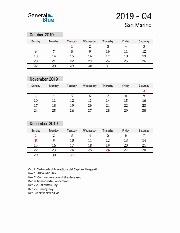 San Marino Quarter 4 2019 Calendar with Holidays